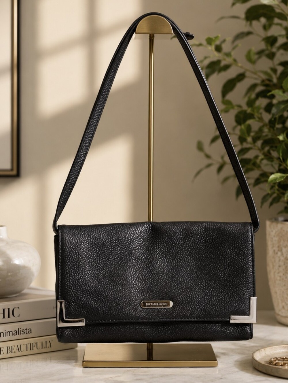 Michael Kors Beverly Convertible Clutch Shoulder Bag Purse Black Pebbled Leather